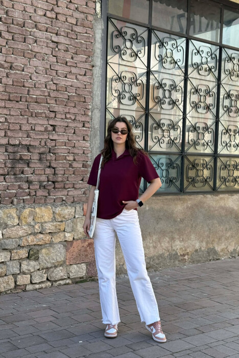 ONE COLOR POLO NECK WOMAN T-SHIRT + 6 PAIR SOCKS BURGUNDY/VISHNJE - 5