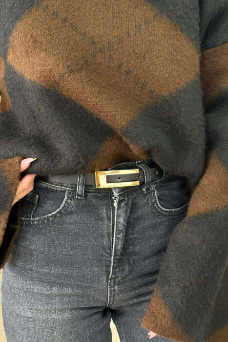 ONE COLOR RECTANGLE BUCKLE LEATHER WOMEN BELT BLACK+GOLD/ZEGO - KLAUDIO FASHION