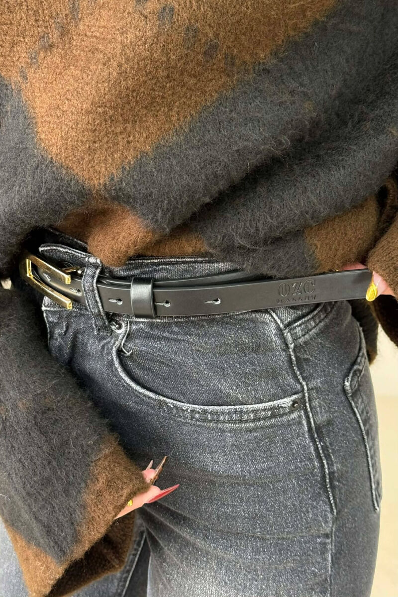 ONE COLOR RECTANGLE BUCKLE LEATHER WOMEN BELT BLACK+GOLD/ZEGO - 2