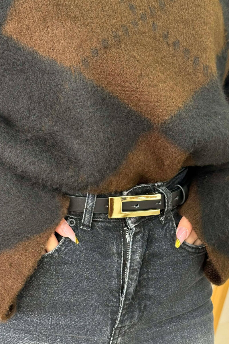 ONE COLOR RECTANGLE BUCKLE LEATHER WOMEN BELT BLACK+GOLD/ZEGO - 3