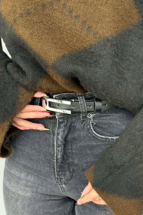 ONE COLOR RECTANGLE BUCKLE LEATHER WOMEN BELT BLACK+SILVER/ZEZE+ARGJEND - KLAUDIO FASHION