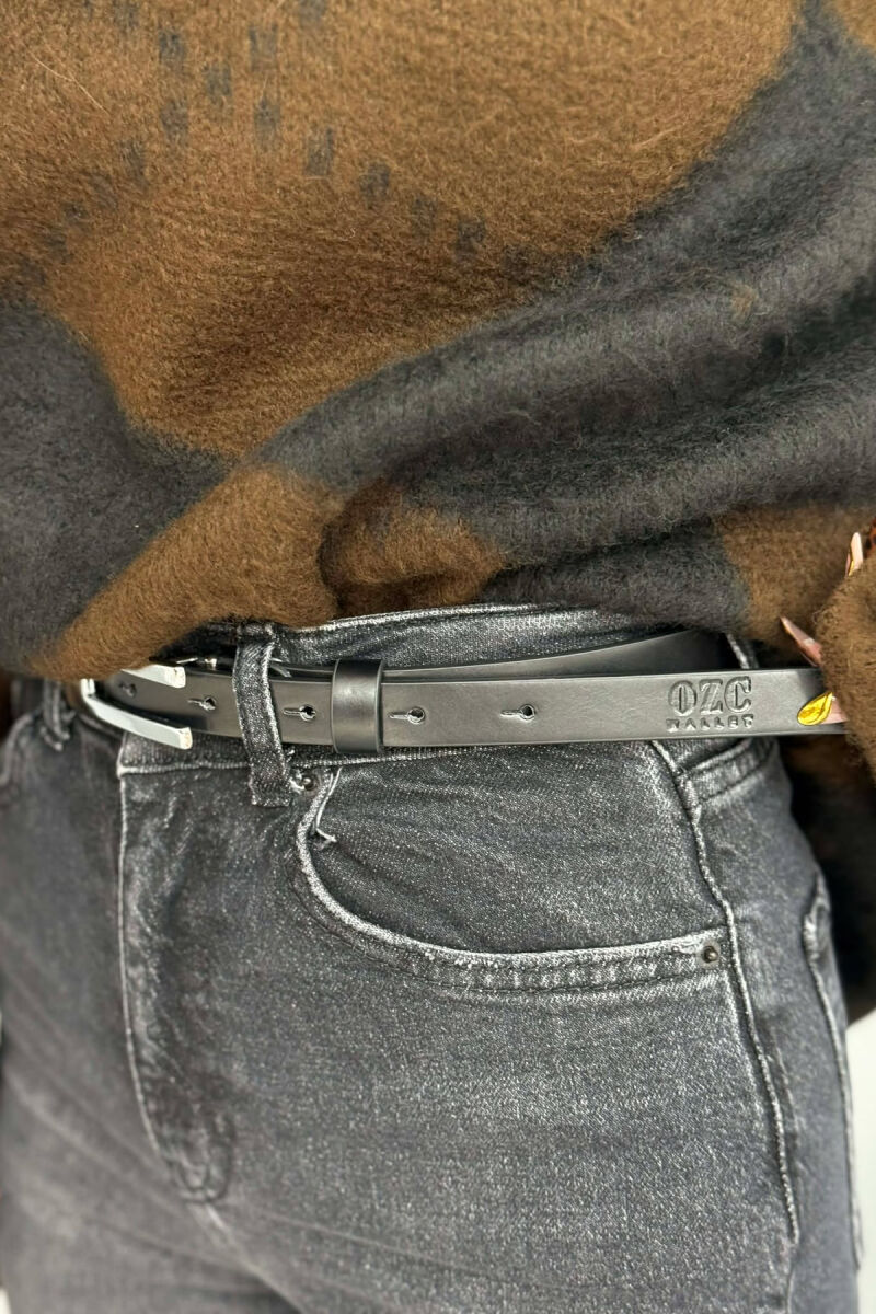 ONE COLOR RECTANGLE BUCKLE LEATHER WOMEN BELT BLACK+SILVER/ZEZE+ARGJEND - 2