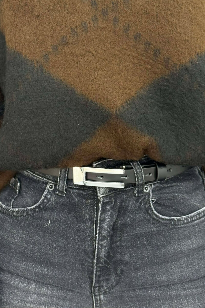 ONE COLOR RECTANGLE BUCKLE LEATHER WOMEN BELT BLACK+SILVER/ZEZE+ARGJEND - 3