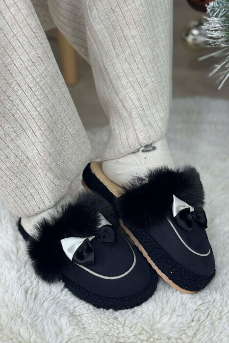 ONE COLOR RIBBON DETAIL WOMAN TEDDY SLIPPERS BLACK/ E ZEZE - 1
