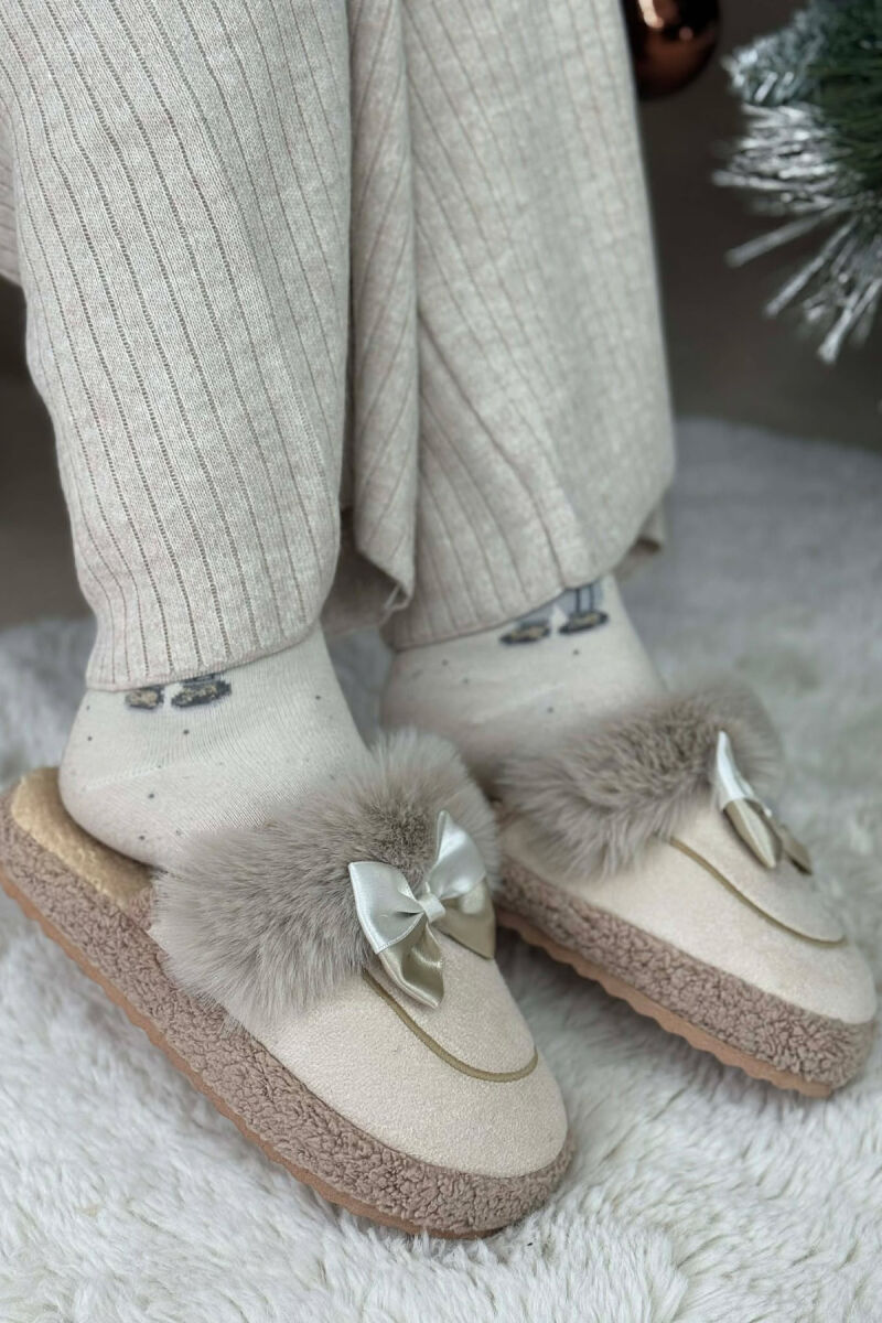 ONE COLOR RIBBON DETAIL WOMAN TEDDY SLIPPERS CREAM/KREM - 1