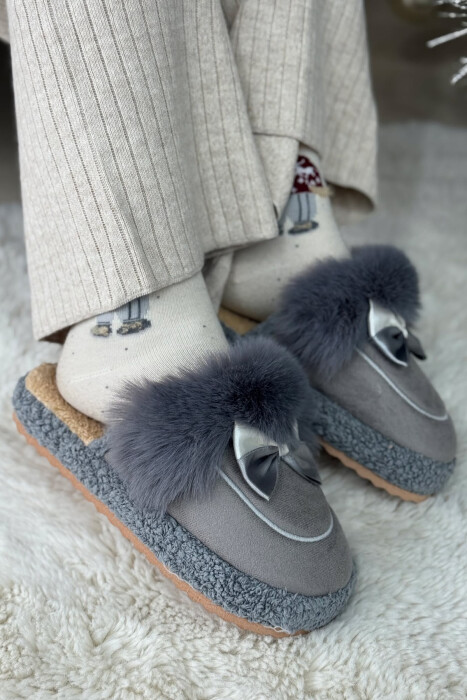 ONE COLOR RIBBON DETAIL WOMAN TEDDY SLIPPERS DARK GREY/GEE - 1