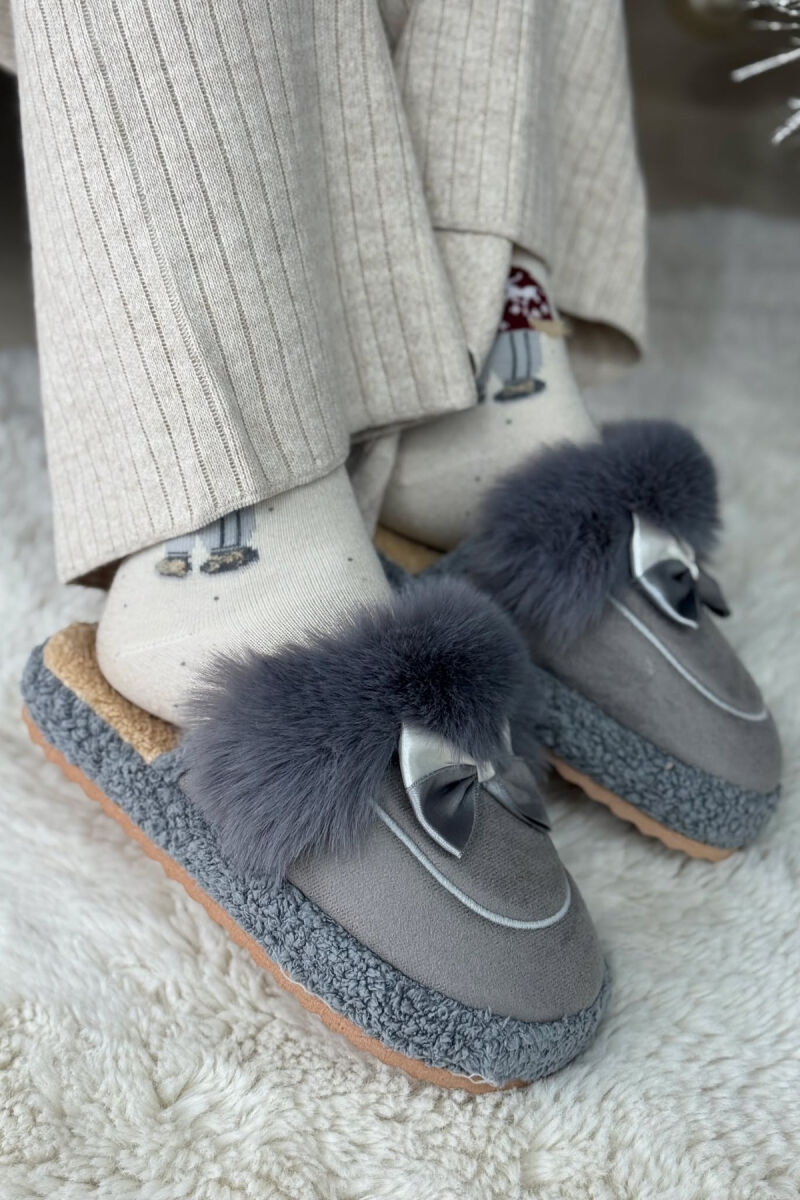 ONE COLOR RIBBON DETAIL WOMAN TEDDY SLIPPERS DARK GREY/GEE - 1