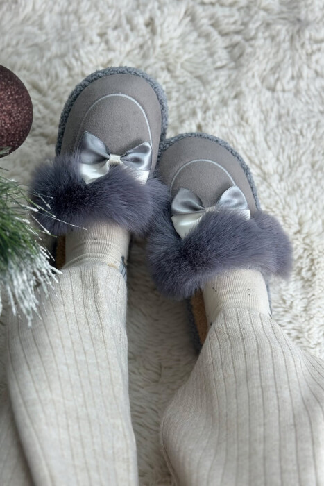 ONE COLOR RIBBON DETAIL WOMAN TEDDY SLIPPERS DARK GREY/GEE - 4