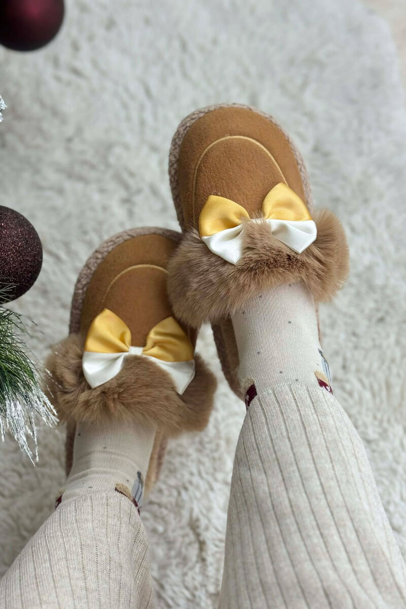 ONE COLOR RIBBON DETAIL WOMAN TEDDY SLIPPERS LIGHT BROWN/KAZB - 3