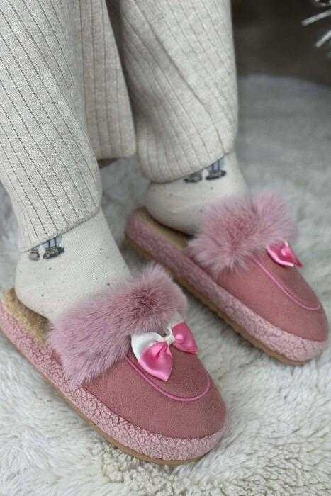ONE COLOR RIBBON DETAIL WOMAN TEDDY SLIPPERS PINK/ROZE - KLAUDIO FASHION