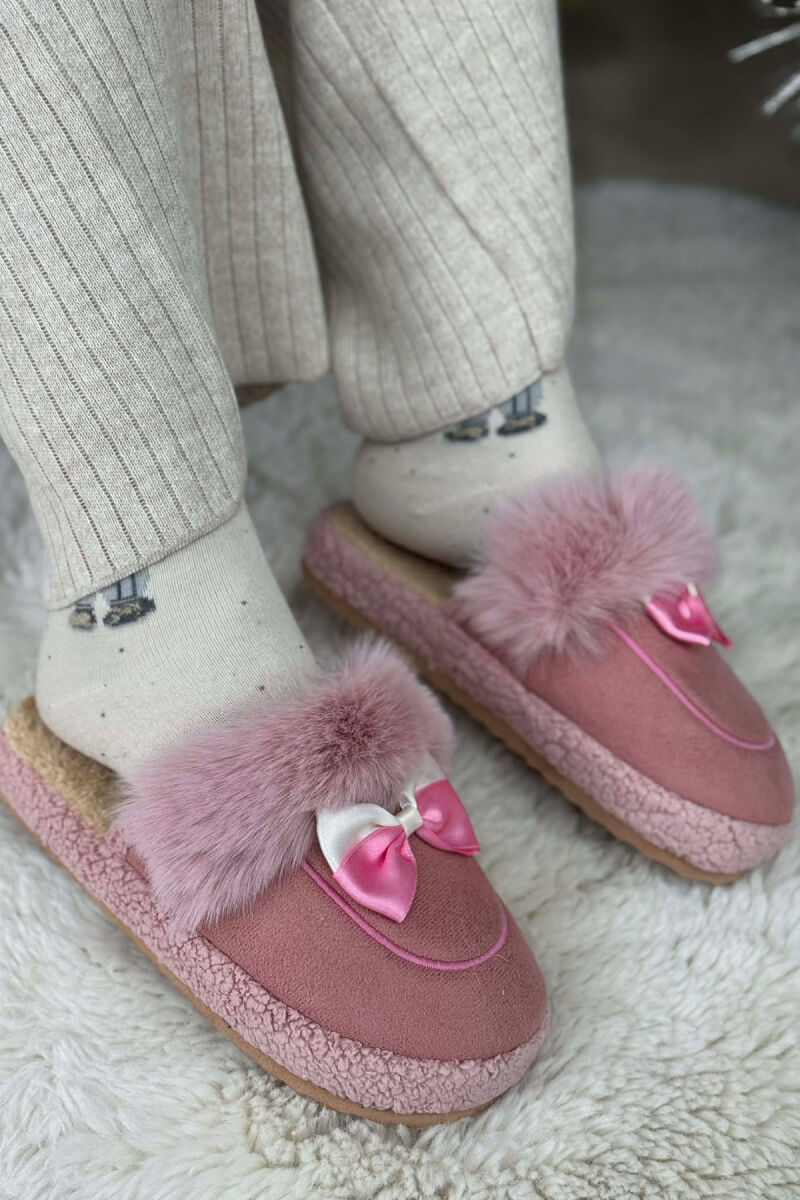 ONE COLOR RIBBON DETAIL WOMAN TEDDY SLIPPERS PINK/ROZE - 1
