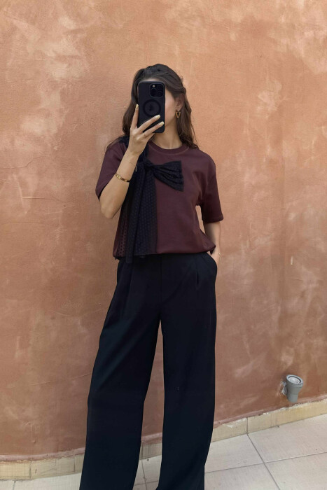 ONE COLOR RIBBON DETAIL WOMEN T-SHIRT BROWN/KAFE 