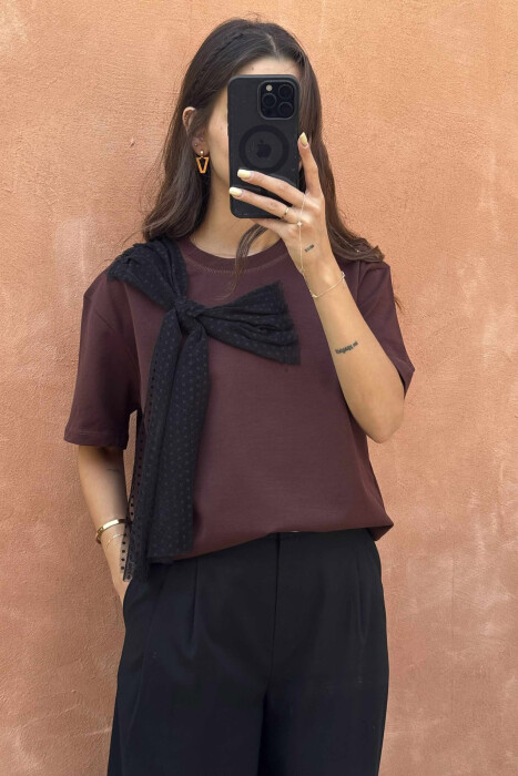 ONE COLOR RIBBON DETAIL WOMEN T-SHIRT BROWN/KAFE - 2