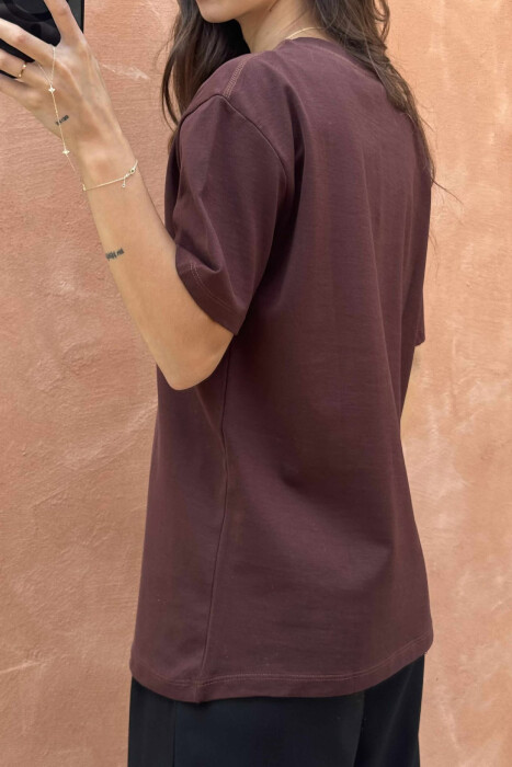 ONE COLOR RIBBON DETAIL WOMEN T-SHIRT BROWN/KAFE - 4