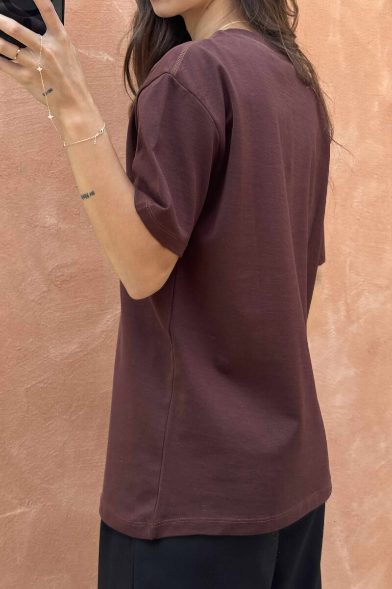 ONE COLOR RIBBON DETAIL WOMEN T-SHIRT BROWN/KAFE - 4