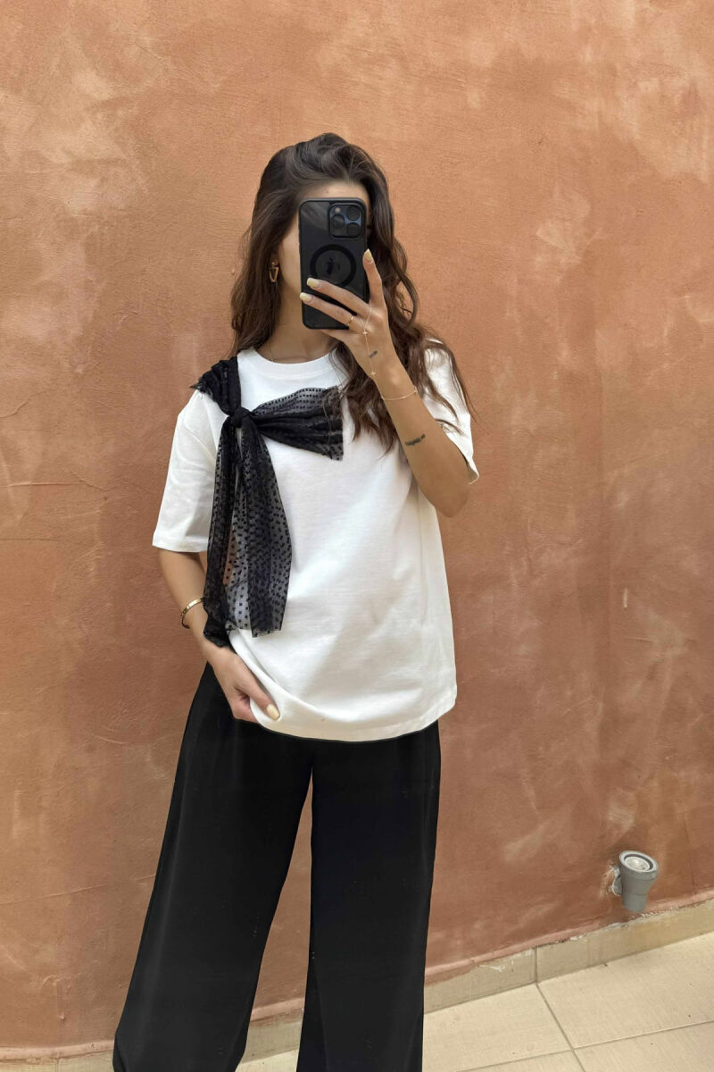 ONE COLOR RIBBON DETAIL WOMEN T-SHIRT WHITE-E BARDHE - 1