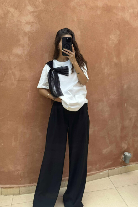 ONE COLOR RIBBON DETAIL WOMEN T-SHIRT WHITE-E BARDHE - 2