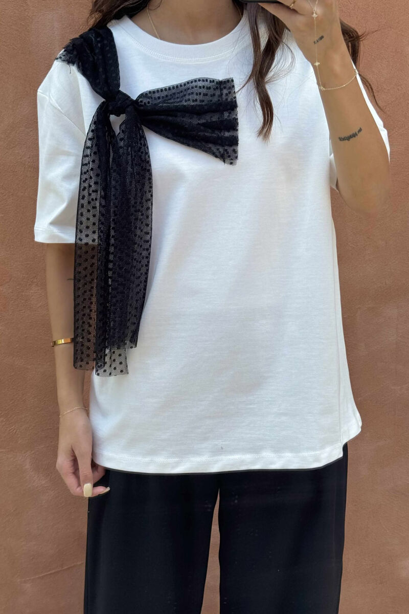 ONE COLOR RIBBON DETAIL WOMEN T-SHIRT WHITE-E BARDHE - 3