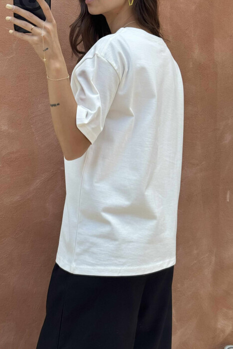 ONE COLOR RIBBON DETAIL WOMEN T-SHIRT WHITE-E BARDHE - 4