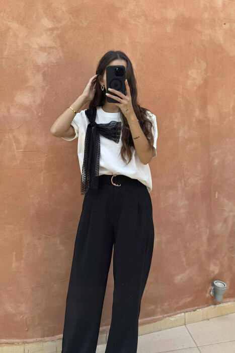 ONE COLOR RIBBON DETAIL WOMEN T-SHIRT WHITE-E BARDHE - 5