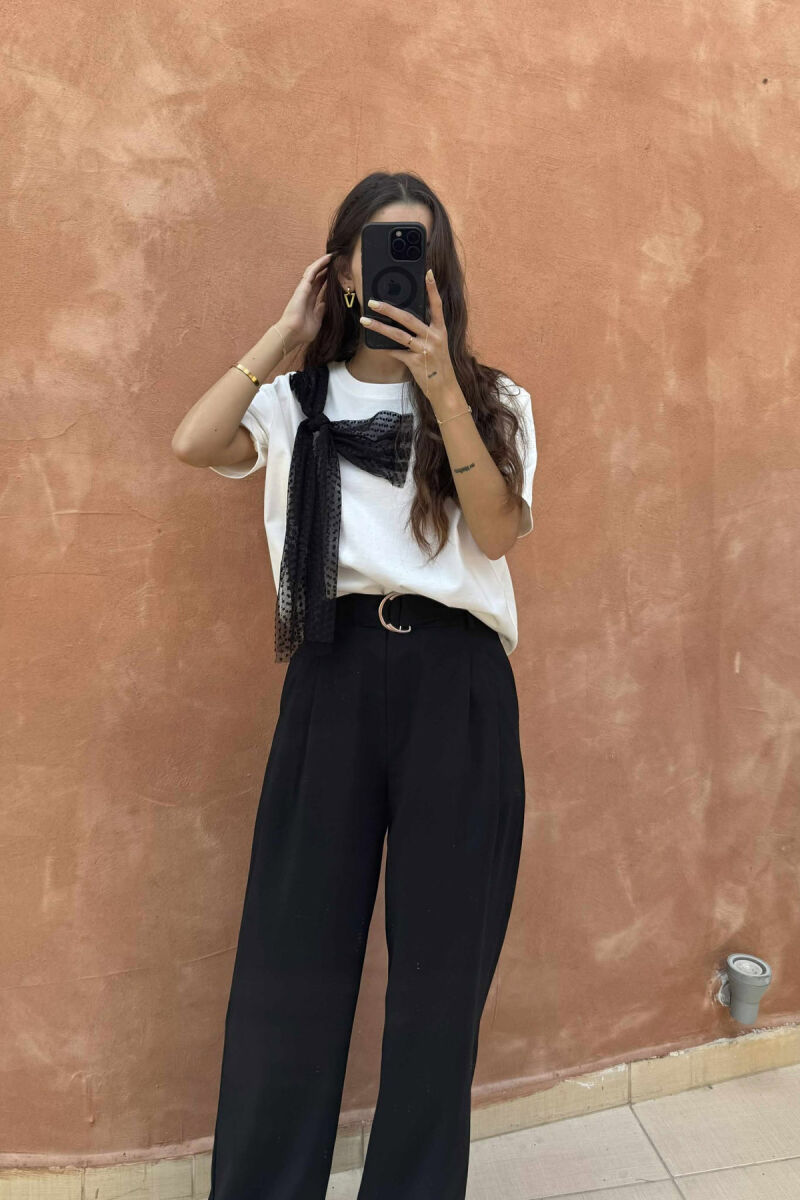 ONE COLOR RIBBON DETAIL WOMEN T-SHIRT WHITE-E BARDHE - 5