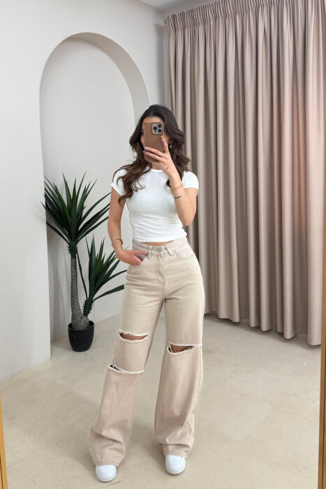 ONE COLOR RIPPED WOMAN JEANS BEIGE/BEZHE - KLAUDIO FASHION