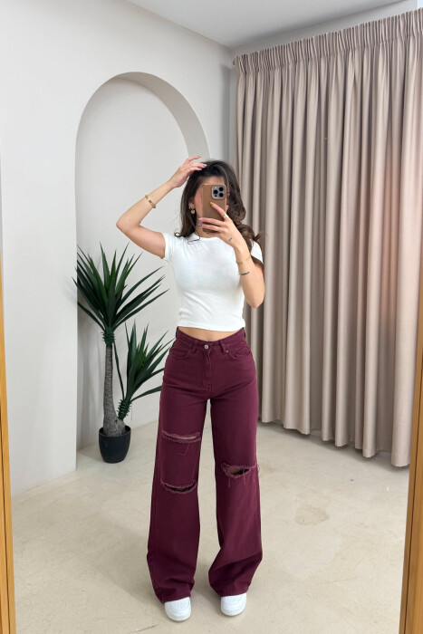 ONE COLOR RIPPED WOMAN JEANS DARK BURGUNDY/VISHNJE E ERRET - 2