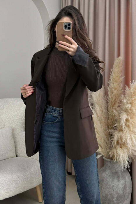 ONE COLOR ROLL UP SLEEVE WOMAN JACKET DARK BROWN/KAE - KLAUDIO FASHION
