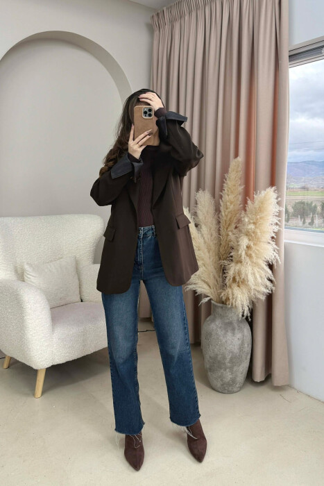 ONE COLOR ROLL UP SLEEVE WOMAN JACKET DARK BROWN/KAE - 3