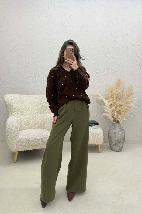 ONE COLOR RHOMBUS DESIGN STONE DETAILS WOMEN SWEATER BROWN/KAFE - 3