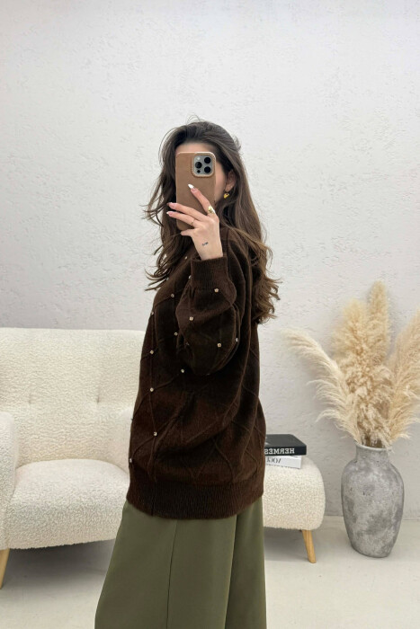 ONE COLOR RHOMBUS DESIGN STONE DETAILS WOMEN SWEATER BROWN/KAFE - 4
