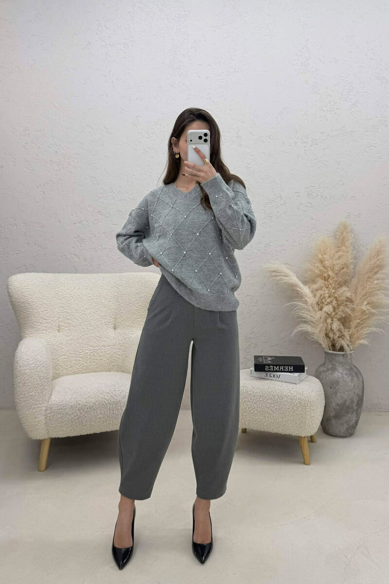 ONE COLOR RHOMBUS DESIGN STONE DETAILS WOMEN SWEATER GREY/GRI - 2