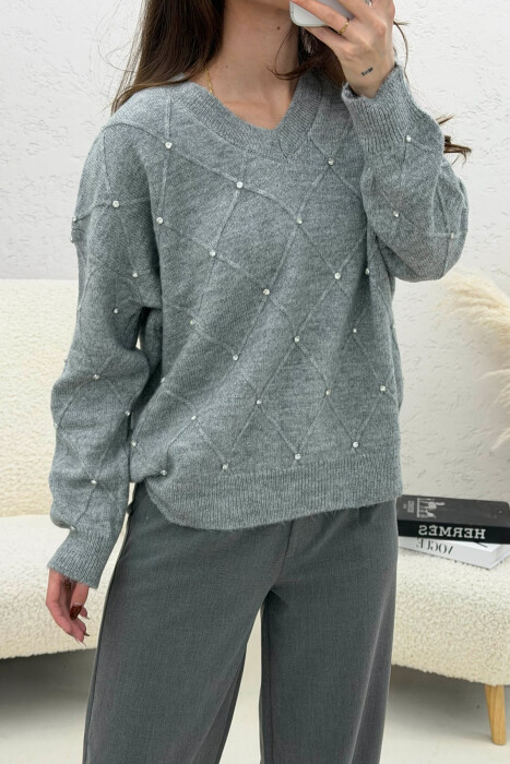 ONE COLOR RHOMBUS DESIGN STONE DETAILS WOMEN SWEATER GREY/GRI - 3