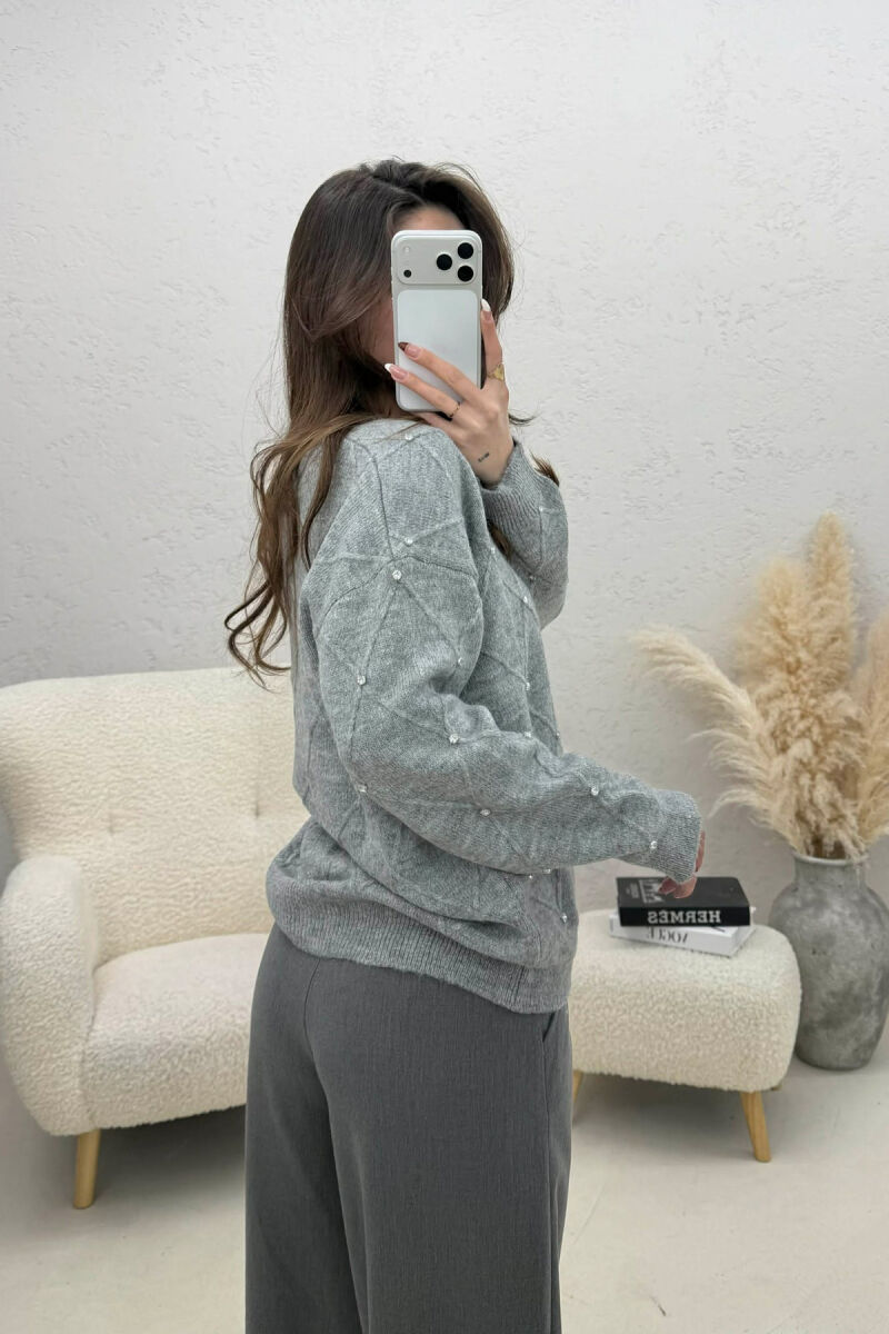 ONE COLOR RHOMBUS DESIGN STONE DETAILS WOMEN SWEATER GREY/GRI - 4