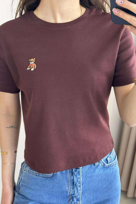 ONE COLOR ROUND NECK BEAR LOGO WOMEN T-SHIRT BROWN/KAFE 