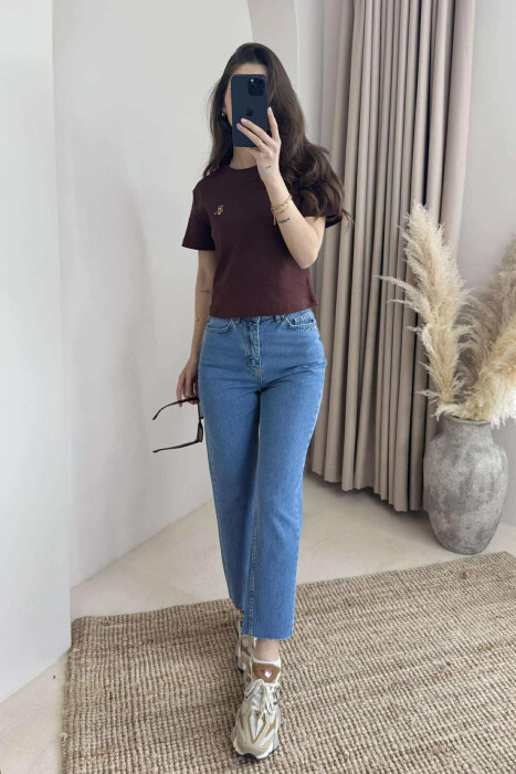 ONE COLOR ROUND NECK BEAR LOGO WOMEN T-SHIRT BROWN/KAFE - 1