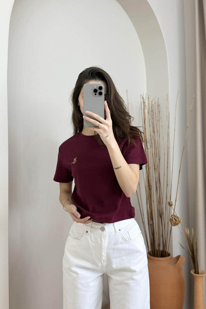 ONE COLOR ROUND NECK BEAR LOGO WOMEN T-SHIRT BURGUNDY/VISHNJE - 1