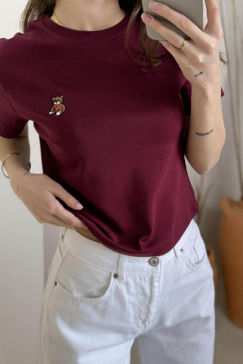 ONE COLOR ROUND NECK BEAR LOGO WOMEN T-SHIRT BURGUNDY/VISHNJE - 3