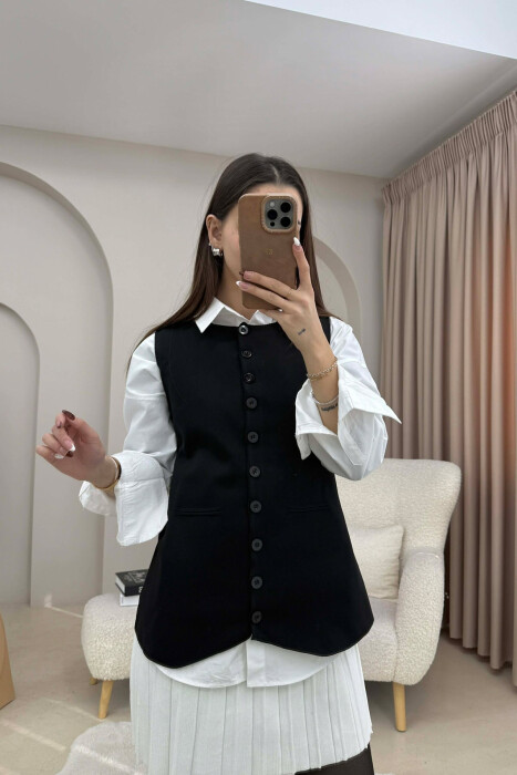 ONE COLOR ROUND NECK BUTTONED WOMAN VEST BLACK/ E ZEZE - 1