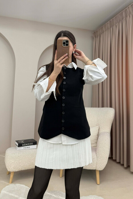 ONE COLOR ROUND NECK BUTTONED WOMAN VEST BLACK/ E ZEZE - 4