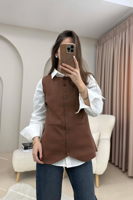 ONE COLOR ROUND NECK BUTTONED WOMAN VEST BROWN/KAFE - KLAUDIO FASHION