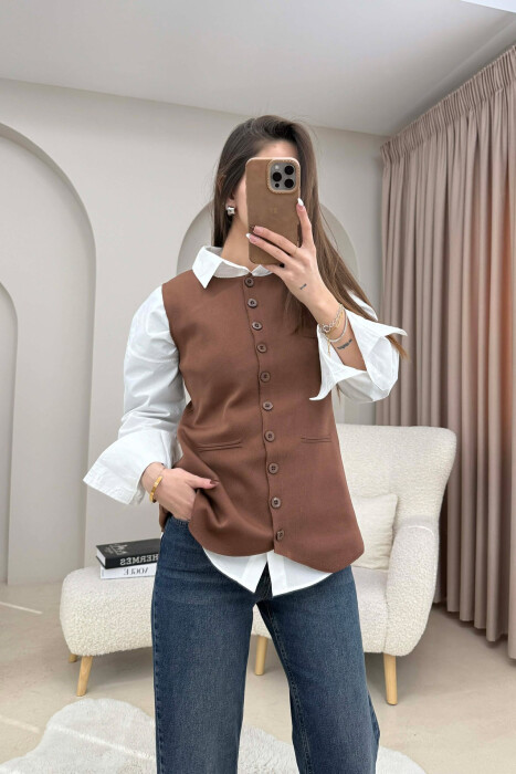 ONE COLOR ROUND NECK BUTTONED WOMAN VEST BROWN/KAFE - 2