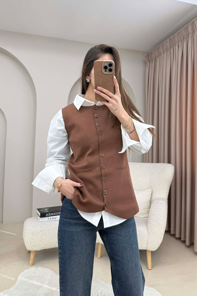 ONE COLOR ROUND NECK BUTTONED WOMAN VEST BROWN/KAFE - 2