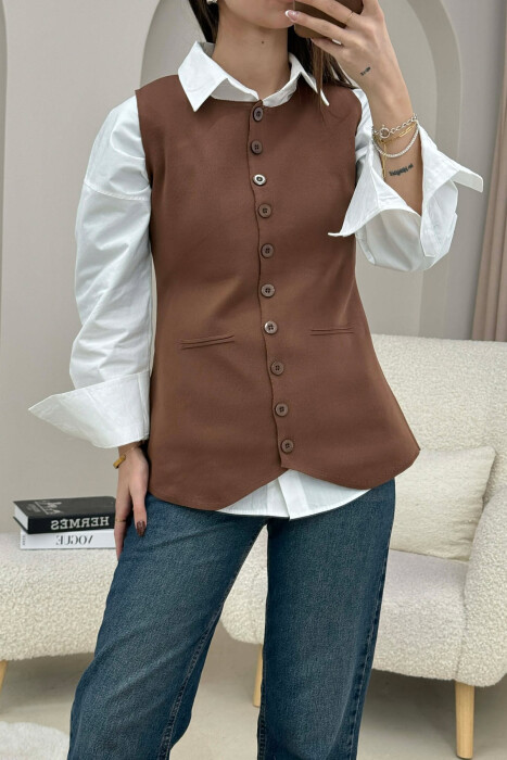 ONE COLOR ROUND NECK BUTTONED WOMAN VEST BROWN/KAFE - 3