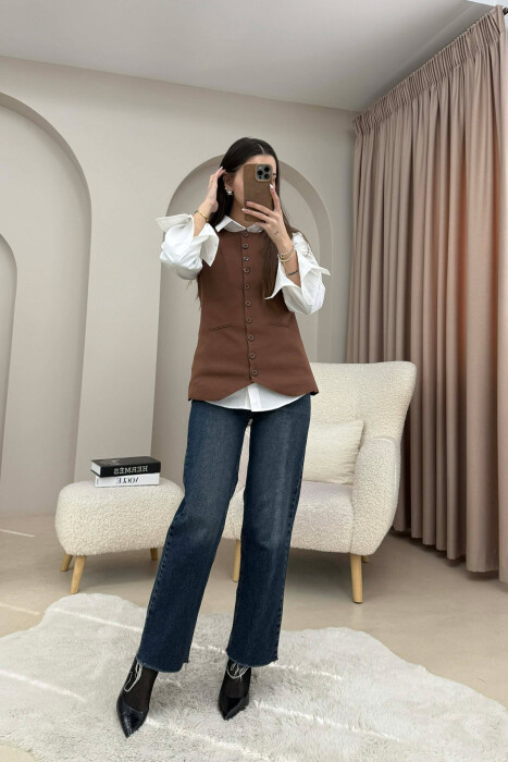ONE COLOR ROUND NECK BUTTONED WOMAN VEST BROWN/KAFE - 4