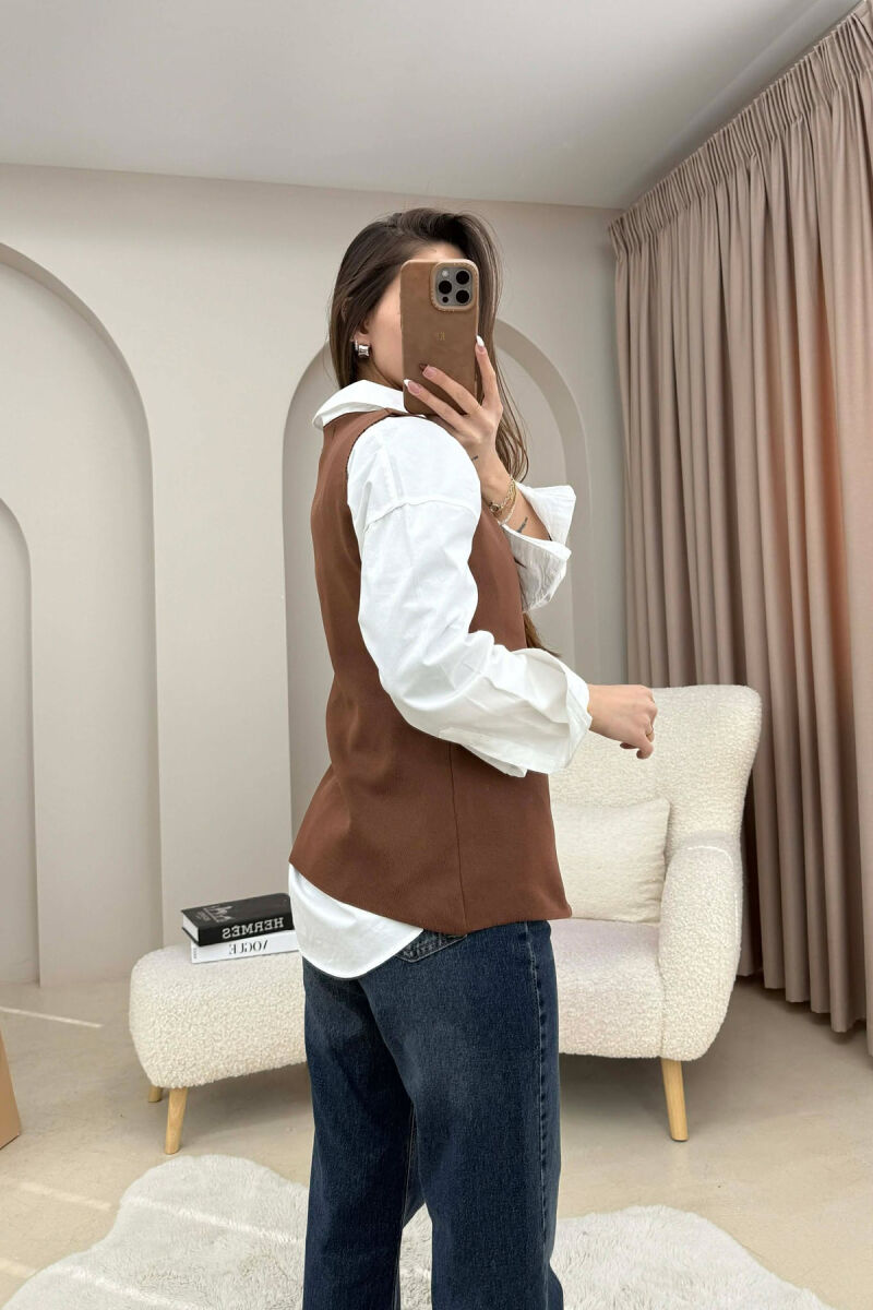 ONE COLOR ROUND NECK BUTTONED WOMAN VEST BROWN/KAFE - 5