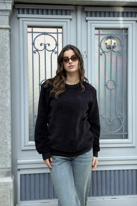 ONE COLOR ROUND NECK FLUFFY WOMEN SWEATSHIRT BLACK/ E ZEZE - 1