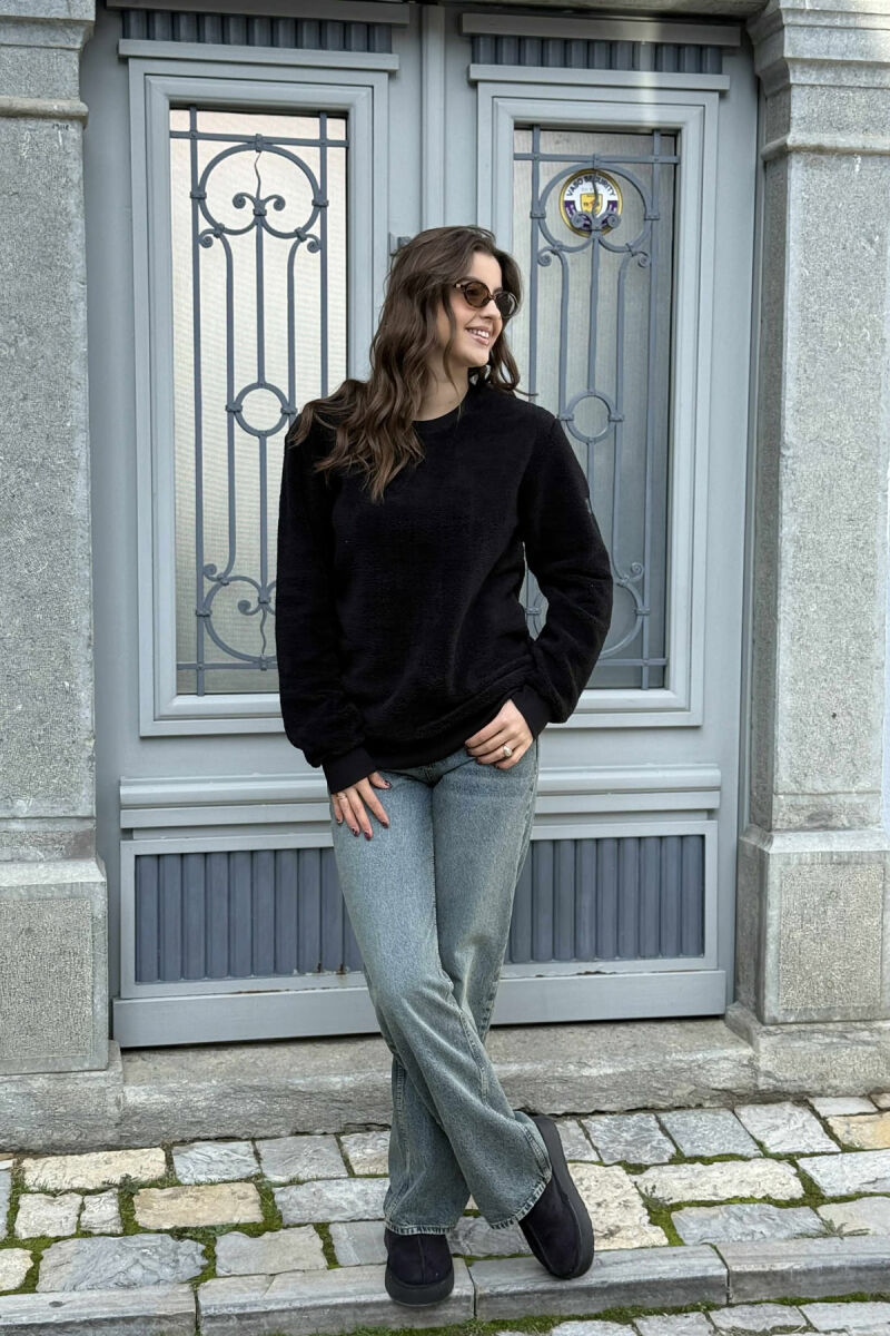 ONE COLOR ROUND NECK FLUFFY WOMEN SWEATSHIRT BLACK/ E ZEZE - 4