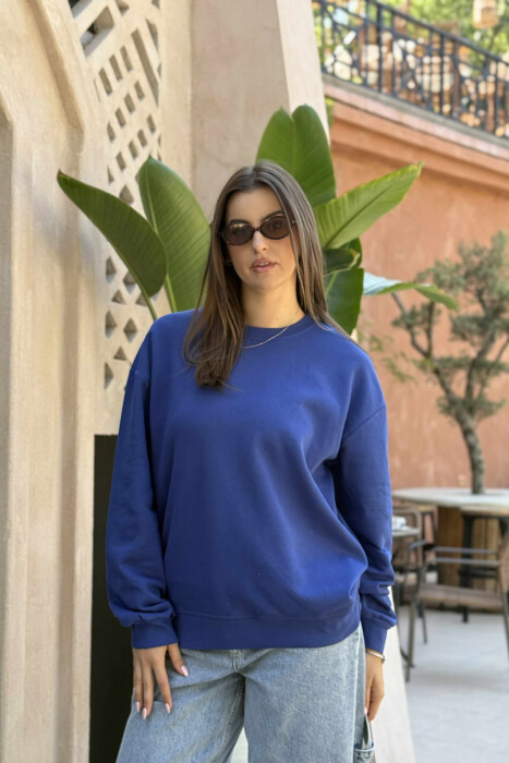 ONE COLOR ROUND NECK FLUFFY WOMEN SWEATSHIRT BLUE/BLU - 3