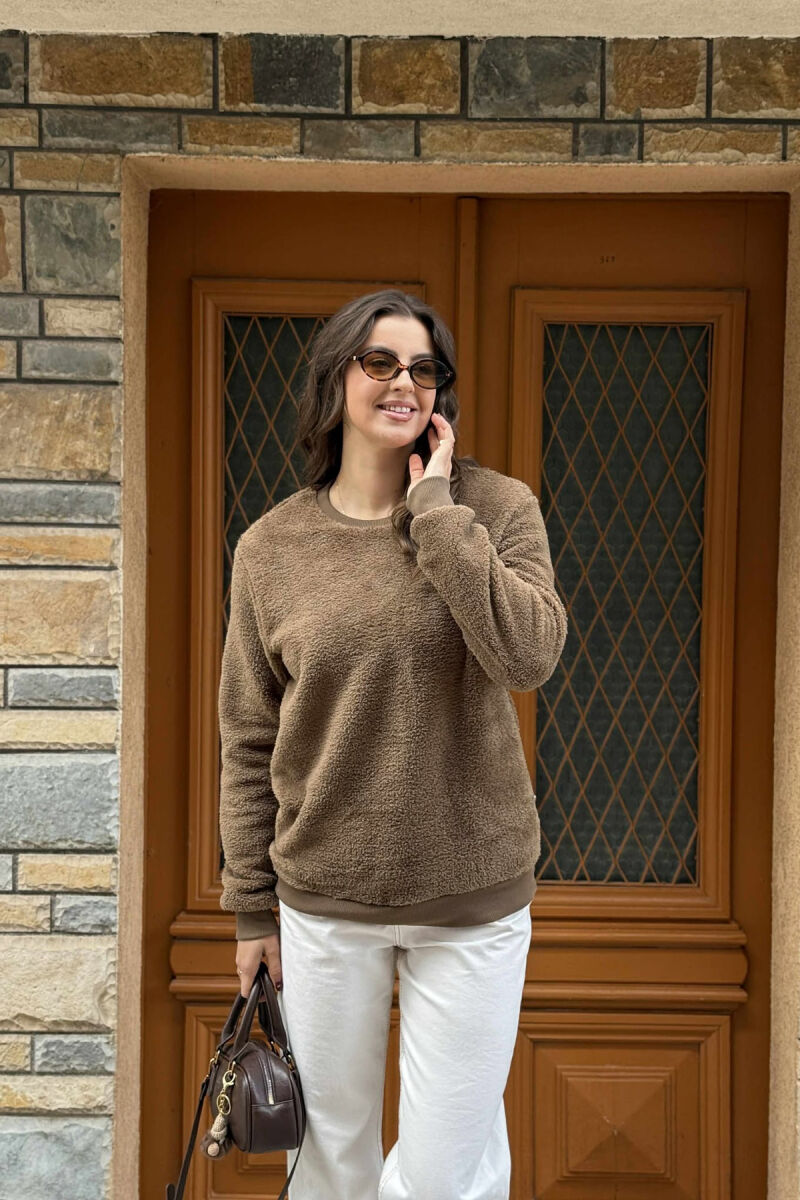 ONE COLOR ROUND NECK FLUFFY WOMEN SWEATSHIRT BROWN/KAFE - 1